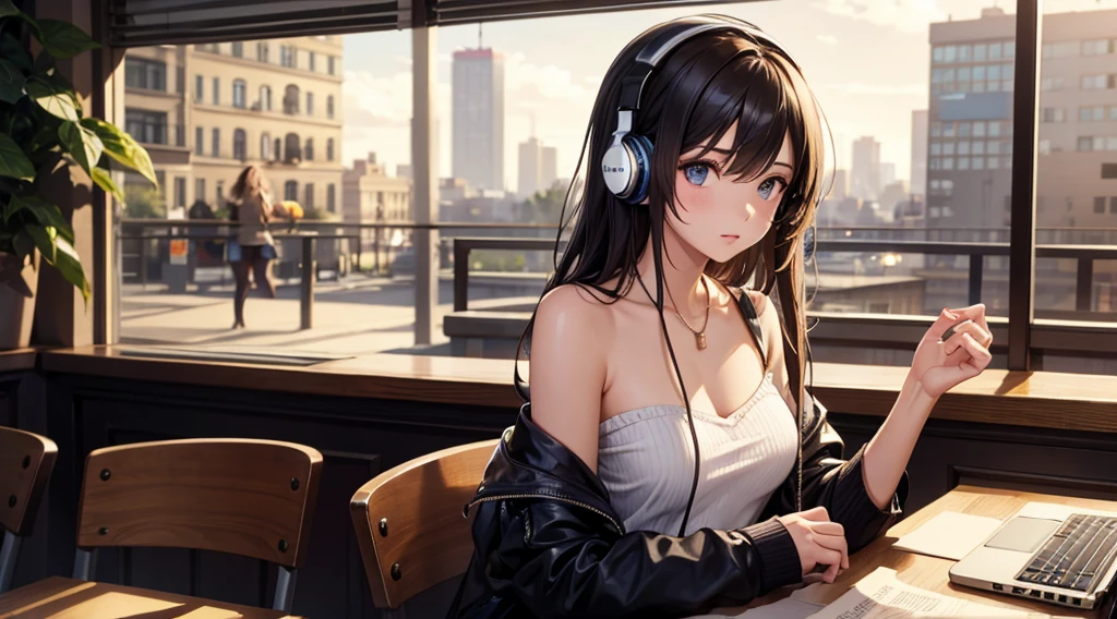 Girl with headphones enjoying music in a cafe I am studying Emphasize a little bit of the chest