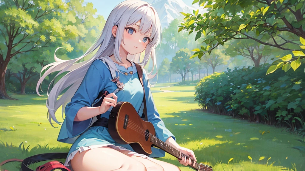 Ghibli style,guitar,A girl who is not looking at the camera