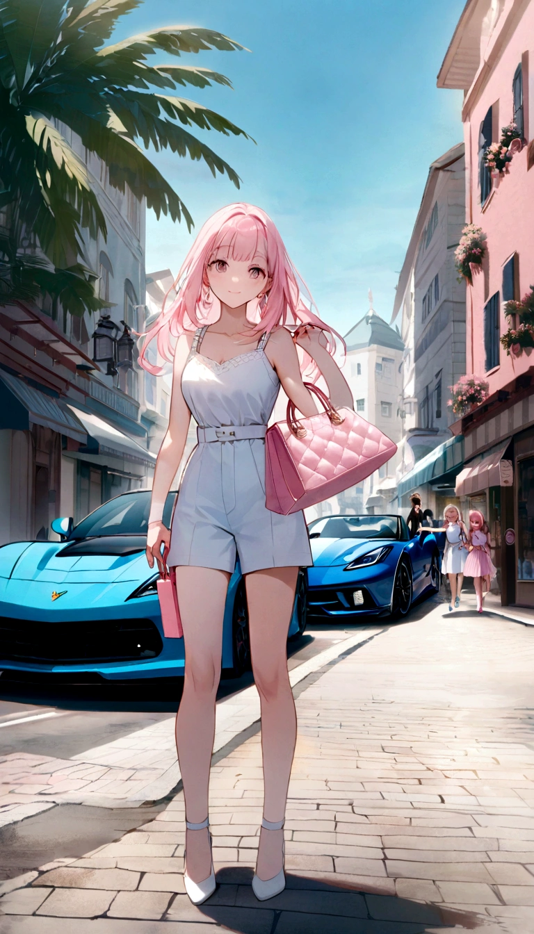 Do another scene with the same style, Barbie is now out of perfumery, Now she's holding a perfume bag, She was about to get in the car, Her car is a Corvette C1, pink and white romper, Corvette C1, Ela usava um vestido xadrez pink and white romper,The background shows a city with 80 states, It has palm trees and lots of pink flowers.