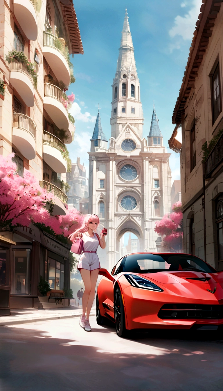 Do another scene with the same style, Barbie is now out of perfumery, Now she's holding a perfume bag, She was about to get in the car, Her car is a Corvette C1, pink and white romper, Corvette C1, Ela usava um vestido xadrez pink and white romper,The background shows a city with 80 states, It has palm trees and lots of pink flowers.