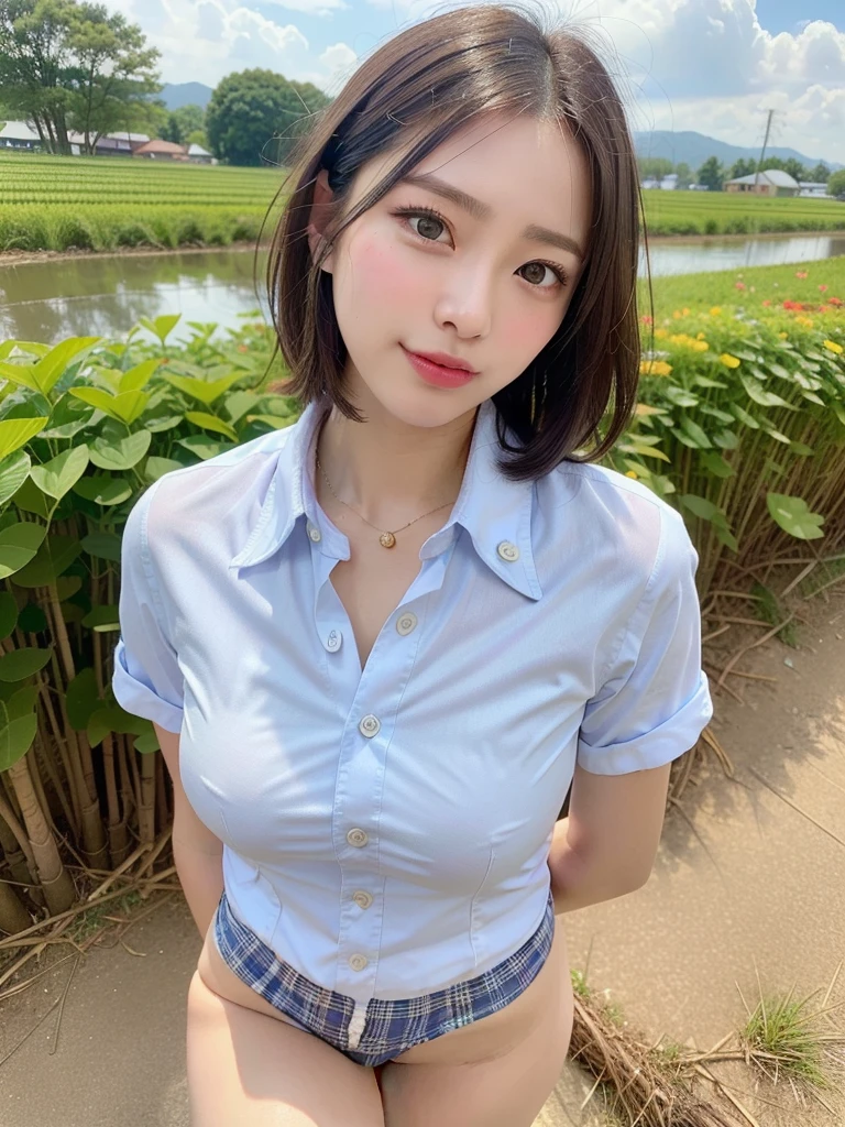 ((Best of the highest quality, 8k, Masterpiece, raw photo: 1.2)), (Sharp focus: 1.2), (1 AESPA, slim body type female, 21 y/o: 1.1), (Solo: 1.28), (realistic, photo-realistic:1.37), face focus, cute face, finely eyes, (droopy eyes: 1.32), (Emphasize prominent aegyo-sal with bright: 1.2), shimmering eyeshadow applied under the lower lash line, paired with thick, (small breasts, flat chest, Thigh: 1.3), (short messy hair: 1.28), (wearing button down business shirt, panties: 1.32), walking rice field, paddy field, flower, (from below: 1.12)