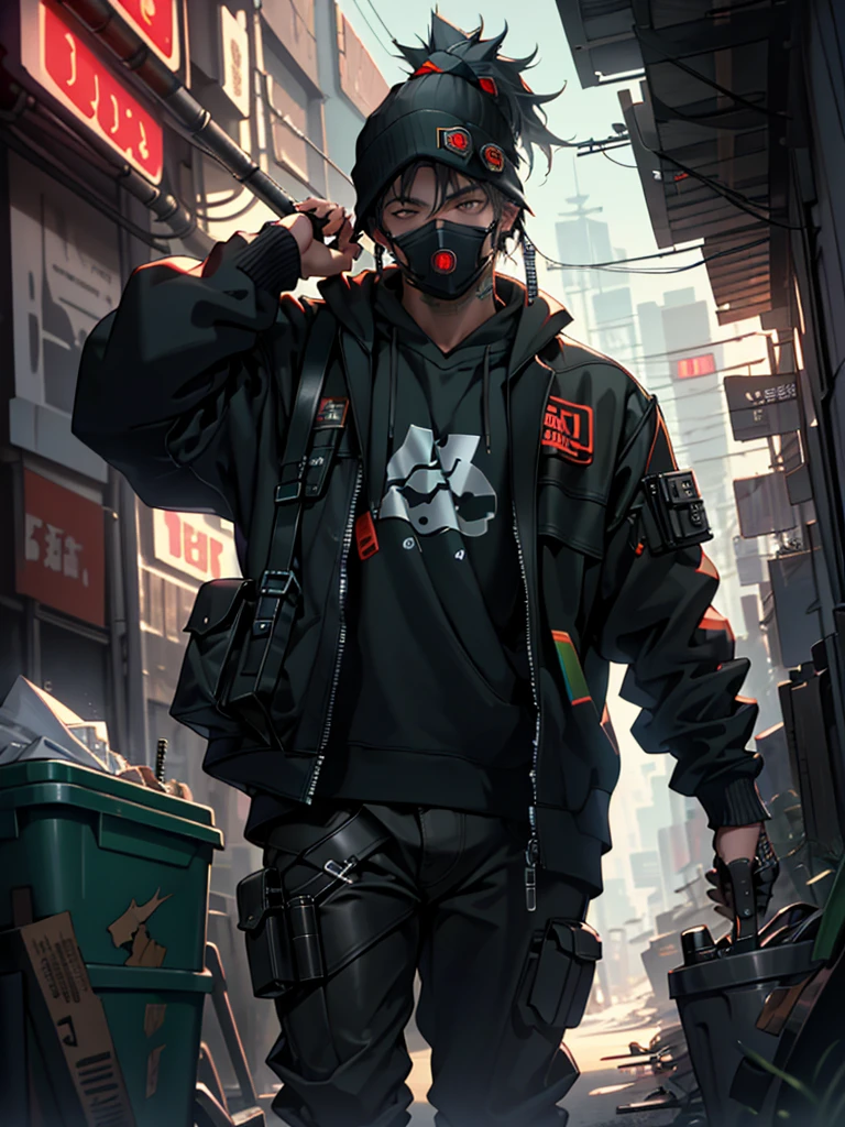 ultra detail, high resolution, ultra detailed, best quality, amazing, top quality, extremely detailed CG unity 8k wallpaper, cinematic lighting, cyberpunk, dark boy, trash gang facemask