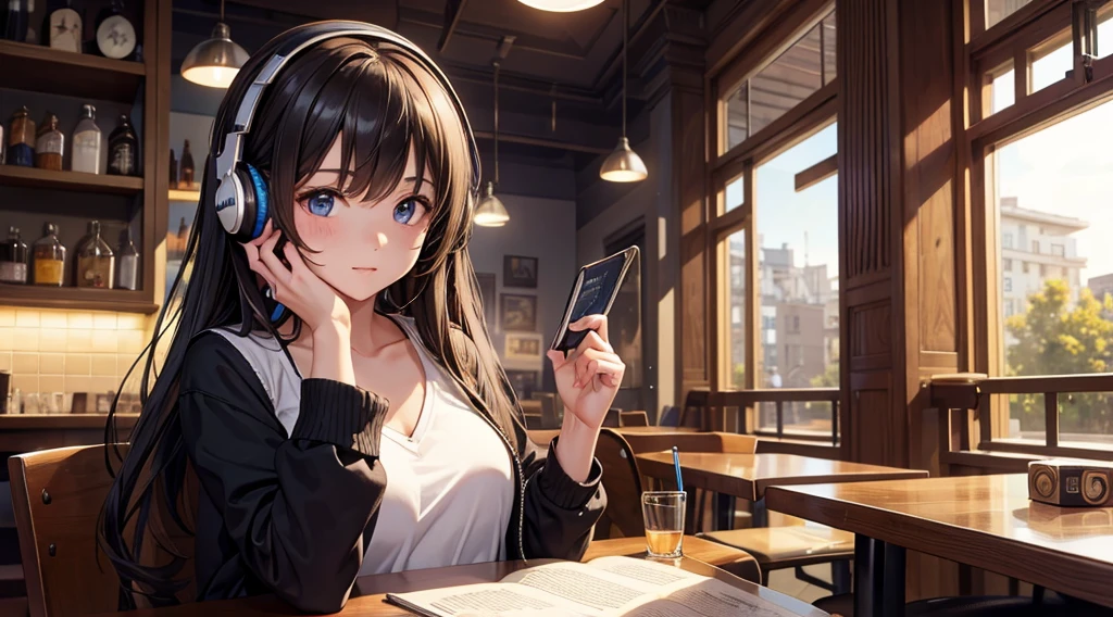 Girl with headphones enjoying music in a cafe I am studying Emphasize a little bit of the chest