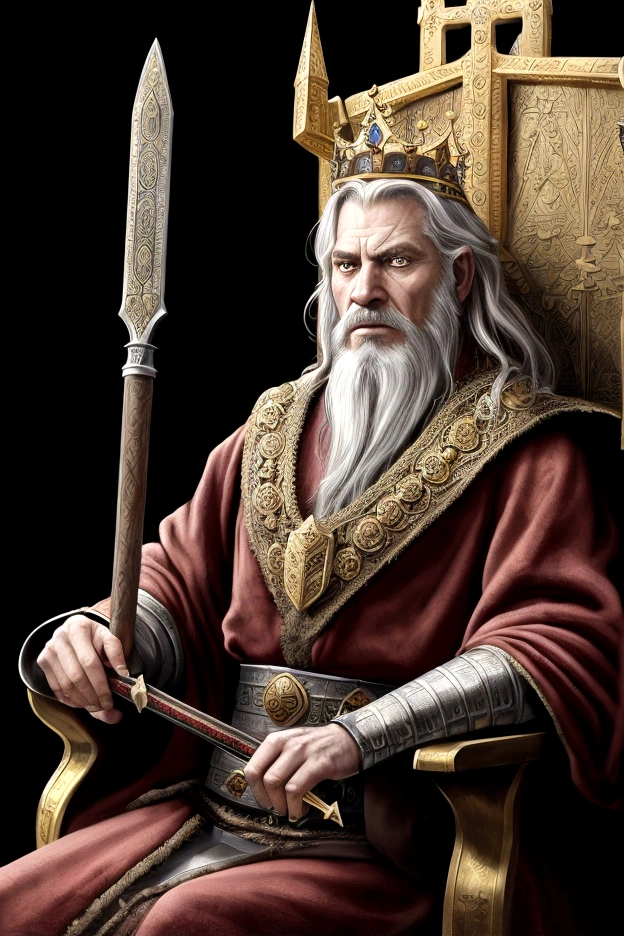 A regal figure sits on an ornate throne, wearing a crown and a fur-trimmed red robe. He has an intense expression, with his right hand resting on a sword and his left hand adorned with a ring. The attire is detailed with metallic armor and a large, elaborate medallion hangs around his neck. The background is dark, emphasizing the richness of his clothing and the ornate details of the throne. a painting of a man sitting on a throne with a crown on his head and, portrait of medieval old king, portrait of a medieval old king, medieval old king, king Richard the lionheart, great king of Stovokor, fantasy portrait art, epic fantasy art portrait, portrait of a king, medieval portrait, epic rpg portrait, fantasy art portrait, epic character portrait, fantasy concept art portrait, fantasy male portrait, highly detailed 8k painting, renaissance digital painting, royal portrait painting, epic portrait, medieval poster, epic game portrait. crafted image of a man in a red robe and a crown, the great king of Stovokor, medieval old king, portrait of a medieval old king, portrait of a medieval old king, portrait of a king, Martin ansin artwork portrait, Tuomas Korpi and wallop, portrait of the emperor of mankind, epic fantasy art portrait, by Roman Bezpalkiv.