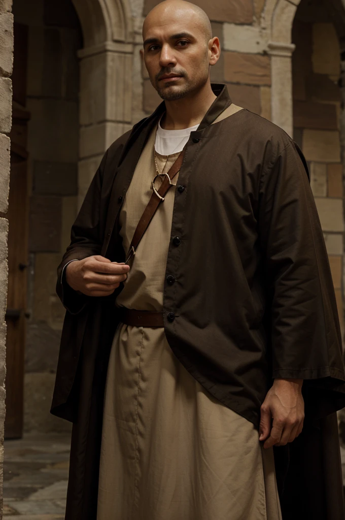 saint antonio, with tonsured hair, wearing brown friar clothes, Holding a .