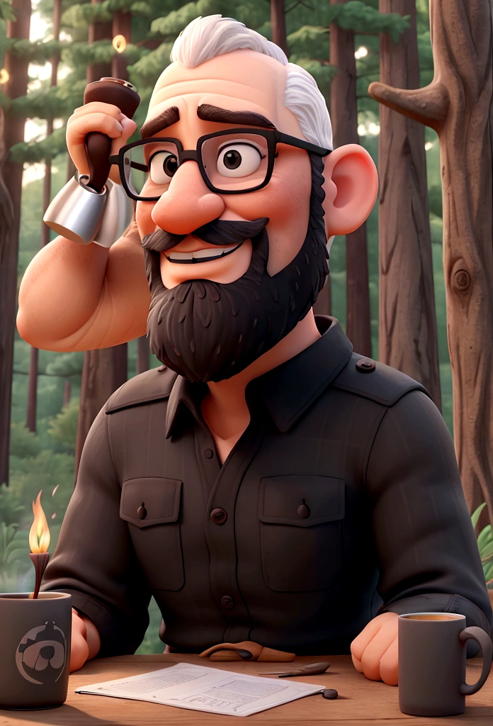 white man,black framed glasses , bald, bearded spartan type sitting with coffee mug in hand next to the tent looking at the bonfire with the forest around, seen from 2,5 meters away 