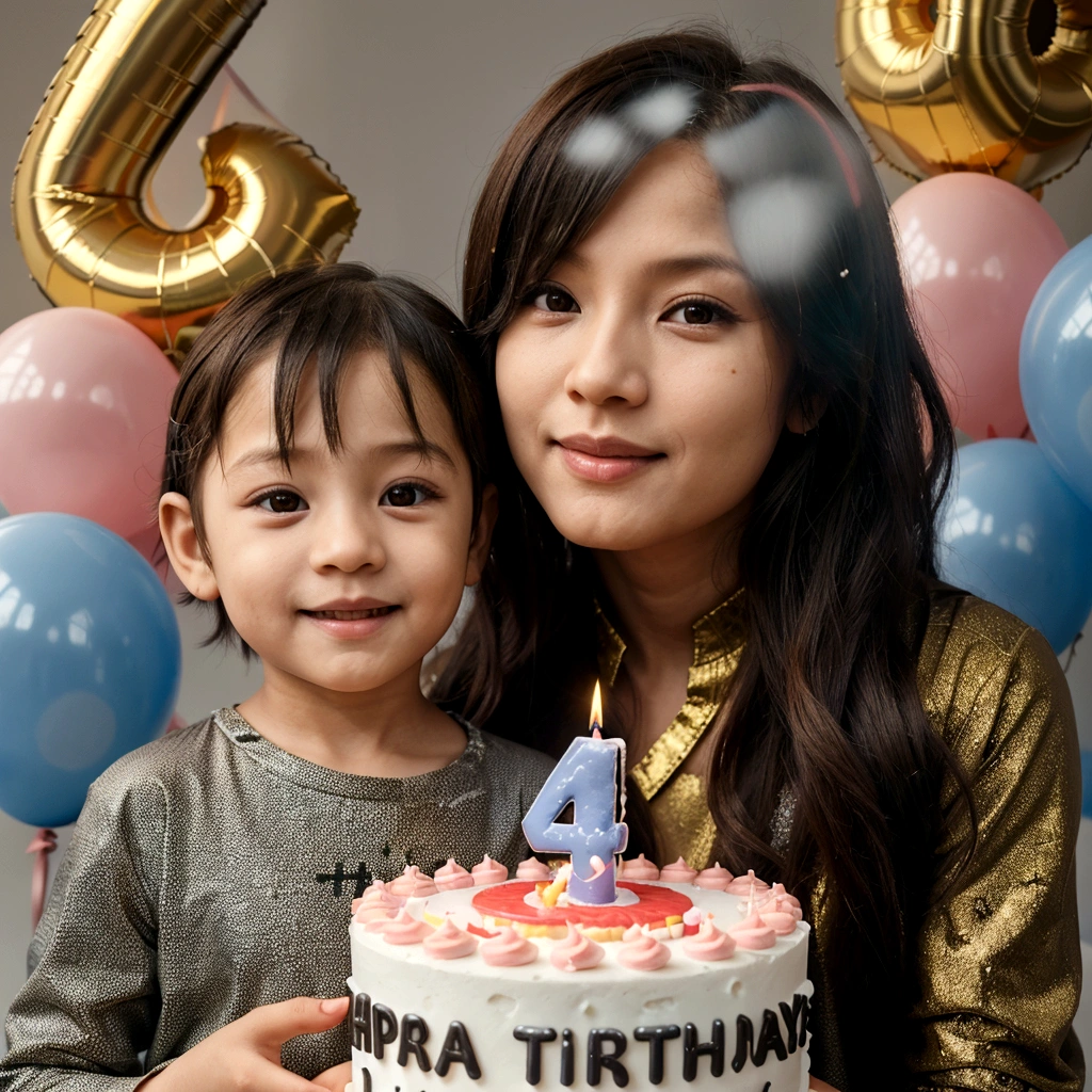 a mother asia long hair, and boy short hair her 4  son, holding a birthday cake that says "Aska Timotius", the candle is in the shape of the number 4, background ballon happy birthday, detail, photography, 4k