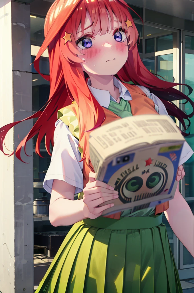 itsukinakano, itsuki nakano, bangs, blue eyes, Hair between the eyes, Ahoge, Redhead, star \(symbol\), hair ornaments, star hair ornaments,Tears stream down her face,Tears of joy,I cry a lot,blush,
skirt, shirt , clavicle, white shirt, Short sleeve, Pleated skirt, socks, collared shirt, mini skirt, Knee-high, white socks, (Green Skirt:1.5), (red sweater vest:1.5),Black Loafers,Sunset,evening,The sun is setting,whole bodyがイラストに入るように,
break outdoors, Back of the school building,
break looking at viewer, whole body,
break (masterpiece:1.2), Highest quality, High resolution, unity 8k wallpaper, (figure:0.8), (Beautiful attention to detail:1.6), Highly detailed face, Perfect lighting, Highly detailed CG, (Perfect hands, Perfect Anatomy),