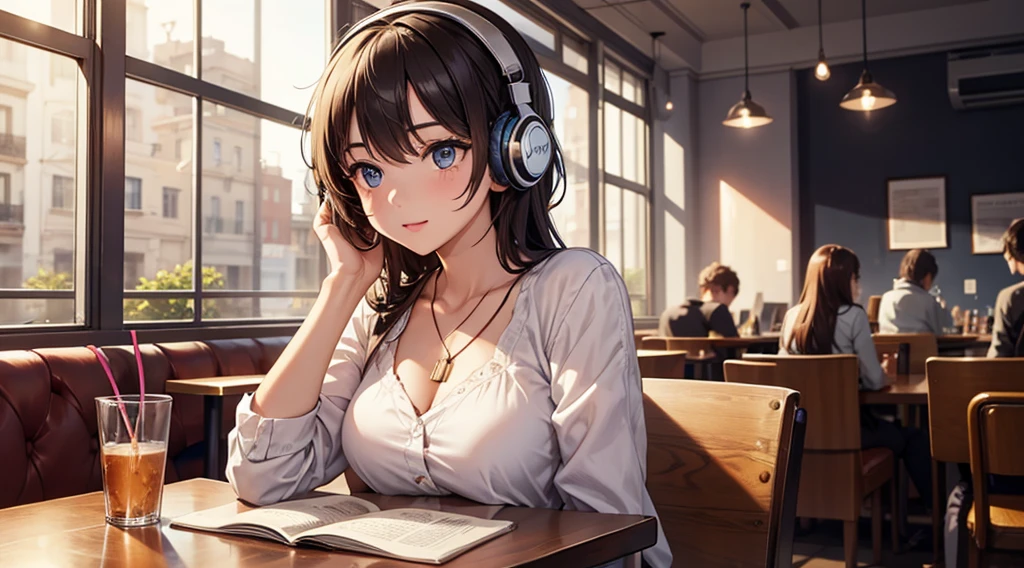 Girl with headphones enjoying music in a cafe I am studying Emphasize a little bit of the chest
