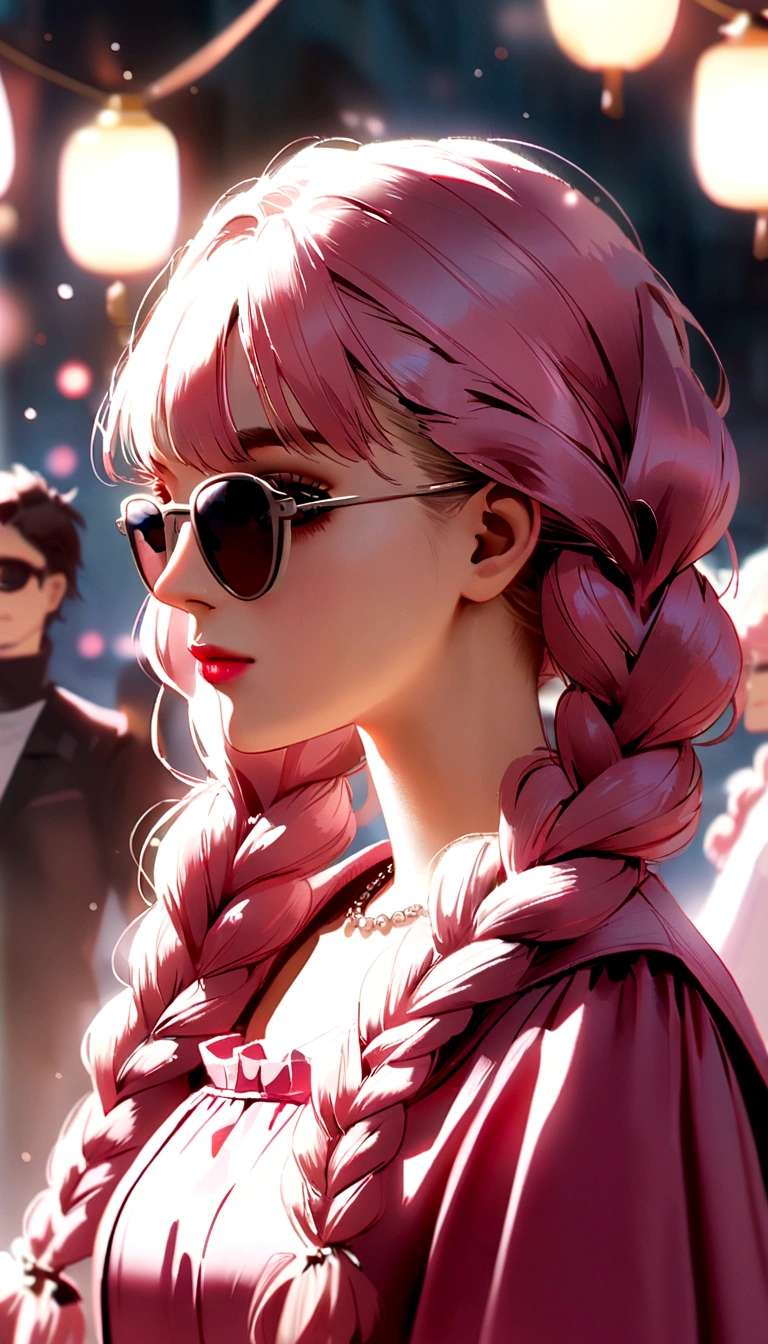 Do another scene with the same style, Barbie is now wearing sunglasses, a pink dress, braids in her hair.