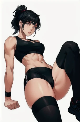 A muscular girl looks at the photo from top to bottom with an air of superiority. She wears short, tight black shorts, along with a white top and long black socks. Your abdomen is shredded, has thick legs. Her lips are red and she has short black hair with a ponytail.. The photo shows the entire front of her body. She is standing in a gym.