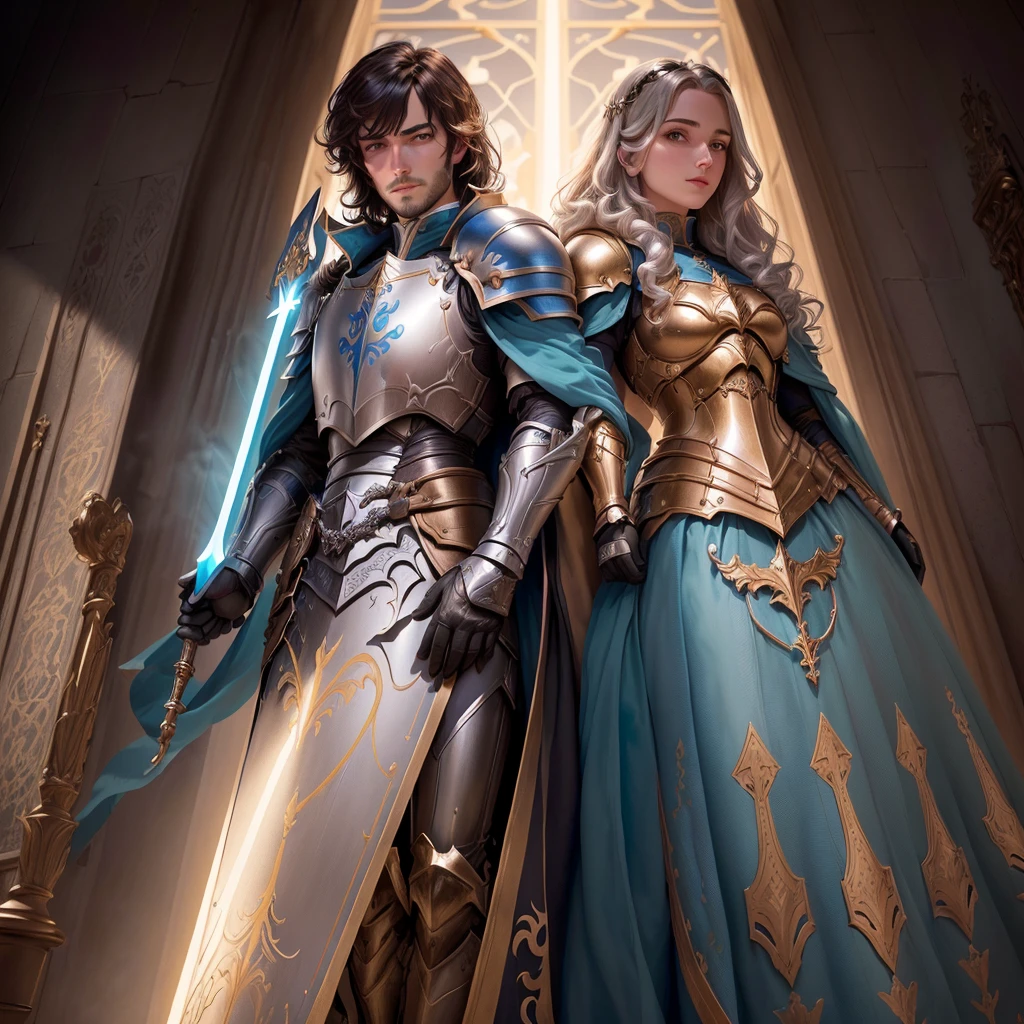 un homme en armure tenant deux épées devant un château, Arsen Lupin en paladin, a human paladin mâle, art du jeu de cartes fantastique, paladin mâle, par Magali Villeneuve, graphiste Magali Villeneuve, art du jeu médiéval-fantastique, artificier masculin, Paladin fantastique, Magali Villeneuve, photo d'un clerc masculin