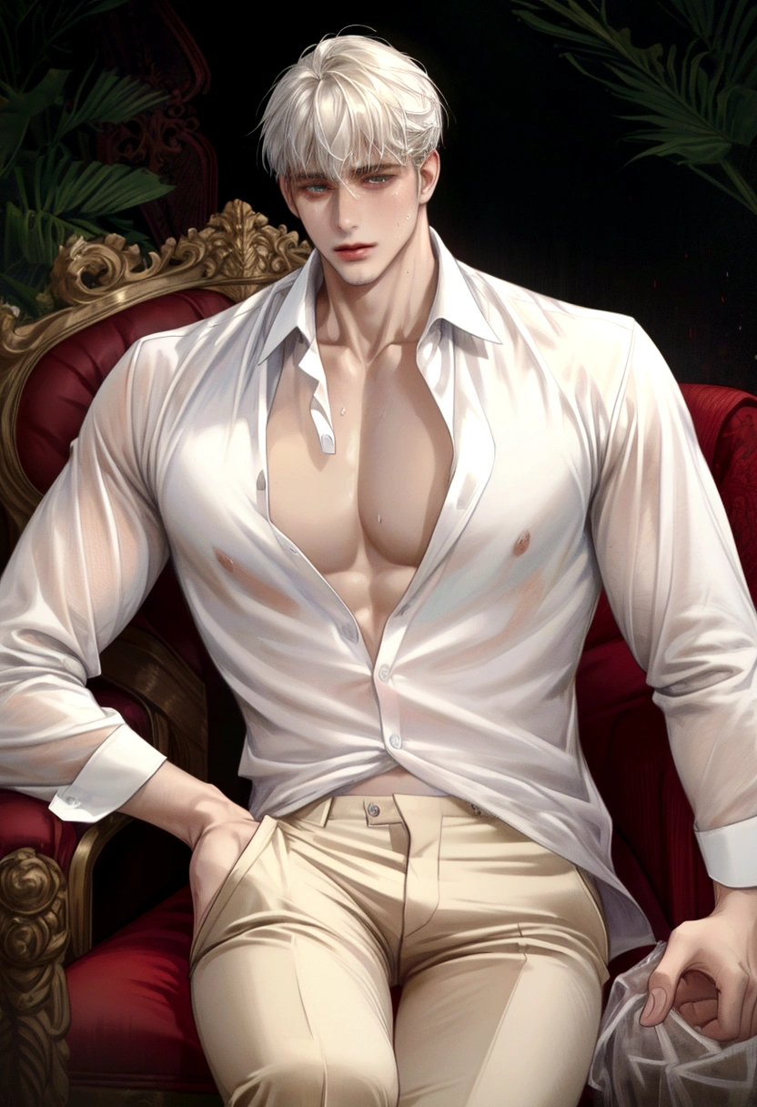 Wet Sexy man, male in a wet white shirt and tan pants sitting on a chair, big chest, handsome man, handsome guy, handsome stunning realistic, portrait of a handsome man, clothed in wet white shirt, sweat, ((best quality)), ((masterpiece)), (detailed)