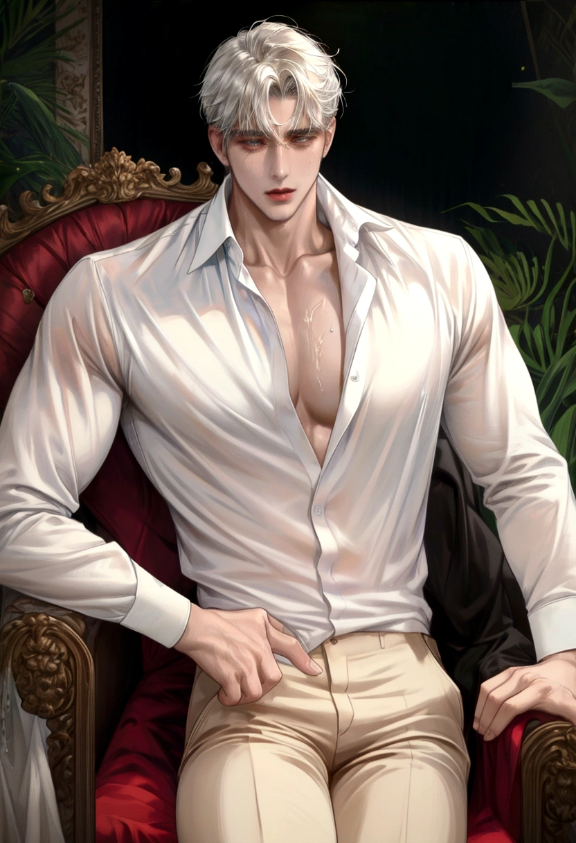 Wet Sexy man, male in a wet white shirt and tan pants sitting on a chair, big chest, handsome man, handsome guy, handsome stunning realistic, portrait of a handsome man, clothed in wet white shirt, sweat, ((best quality)), ((masterpiece)), (detailed)
