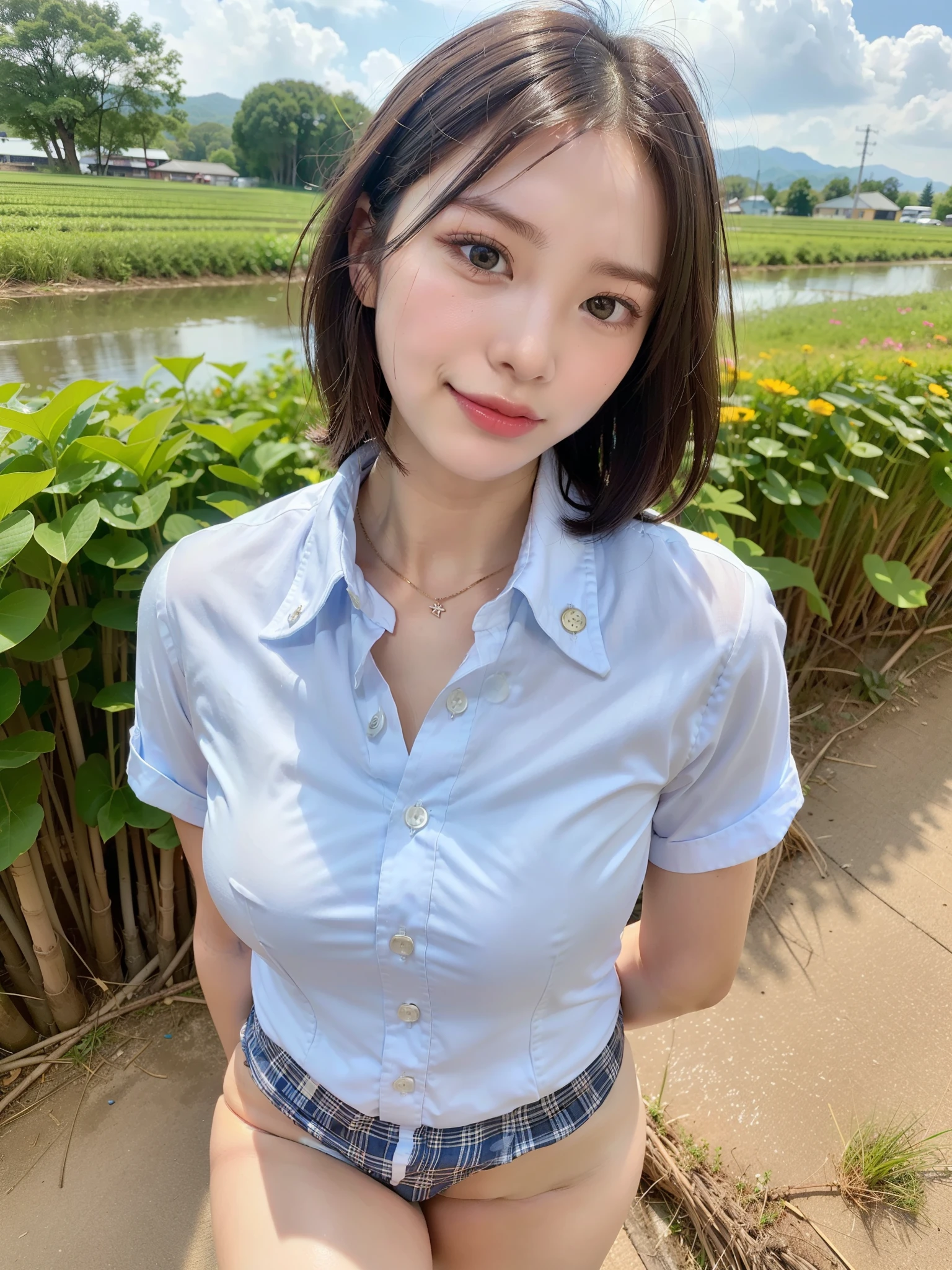 ((Best of the highest quality, 8k, Masterpiece, raw photo: 1.2)), (Sharp focus: 1.2), (1 AESPA, slim body type female, 21 y/o: 1.1), (Solo: 1.28), (realistic, photo-realistic:1.37), face focus, cute face, finely eyes, (droopy eyes: 1.32), (Emphasize prominent aegyo-sal with bright: 1.2), shimmering eyeshadow applied under the lower lash line, paired with thick, (small breasts, flat chest, Thigh: 1.3), (short messy hair: 1.28), (wearing button down business shirt, panties: 1.32), walking rice field, paddy field, flower, (from below: 1.12)