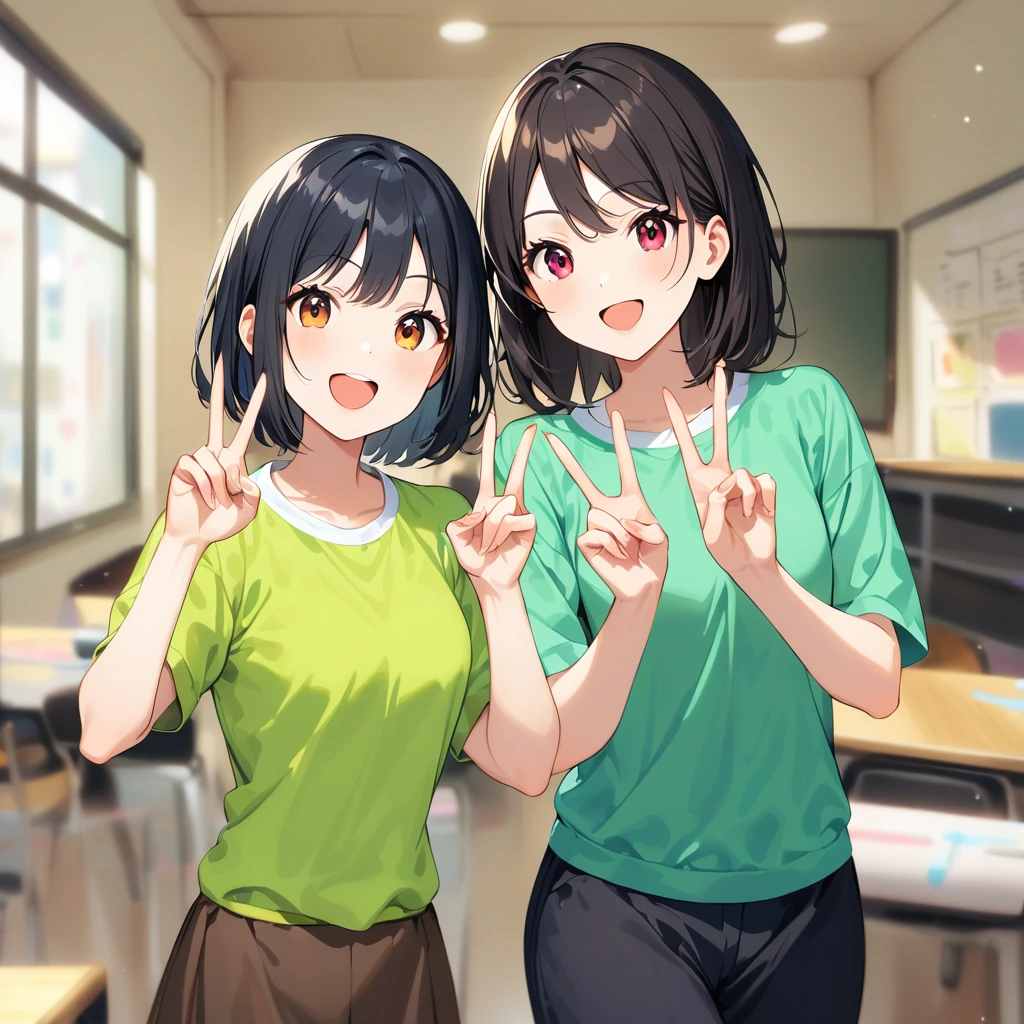 A confident smile, Two students demonstrating a gesture commonly associated with a peace sign while speaking by, slacks, Black Hair, indoor, in, skirt, shirt, ((((complete fiine fingers))))