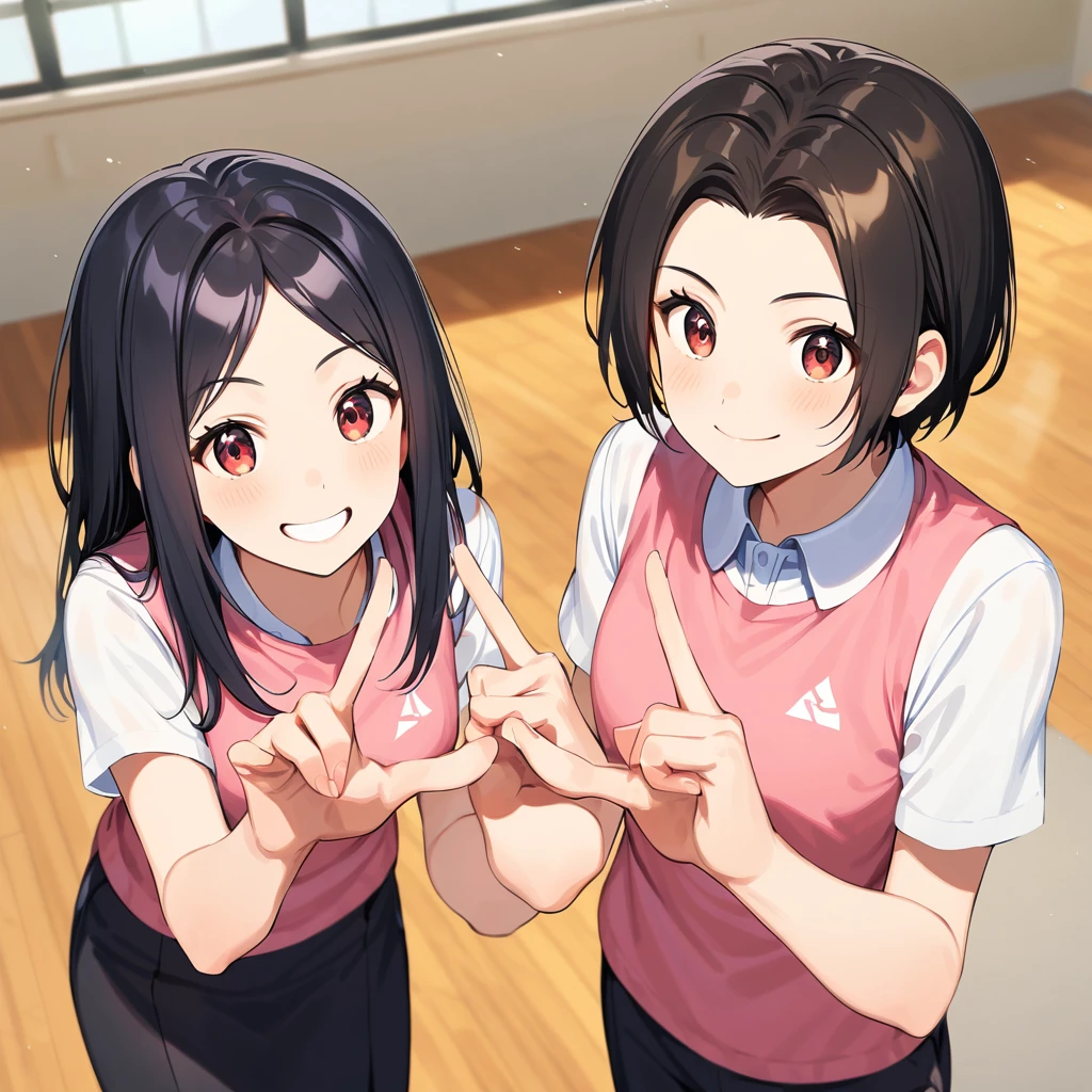 A confident smile, Two students demonstrating a gesture commonly associated with a peace sign while speaking by, slacks, Black Hair, indoor, in, skirt, shirt, ((((complete fiine fingers))))
