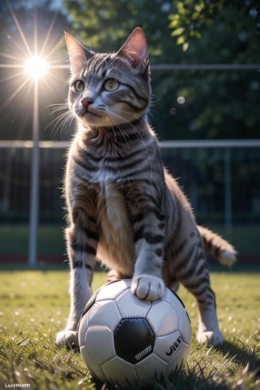 cat playing soccer ball, cinematic lighting, wide shot, lens flare, UHD, high quality, 8k
