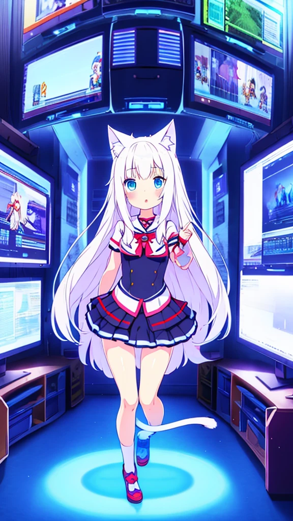 1 beautiful girl, great image quality ,nekomimi, with lots of detail, ray tracing, in a gaming,outfit anime, long stockings, blue eyes, white hair, , in a neon room, PC gaming, perfect anatomy, full body. Show panties