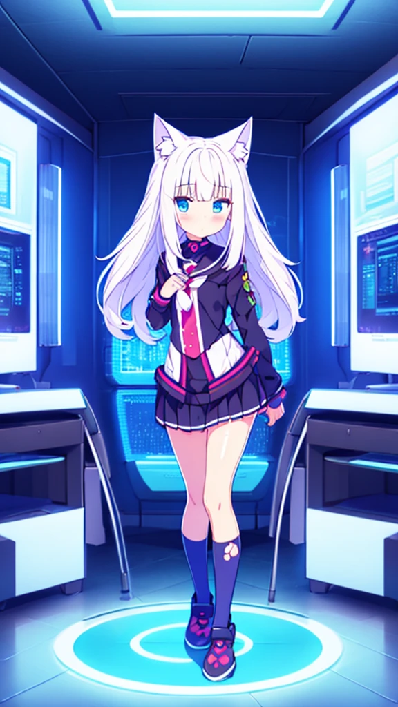 1 beautiful girl, great image quality ,nekomimi, with lots of detail, ray tracing, in a gaming,outfit anime, long stockings, blue eyes, white hair, , in a neon room, PC gaming, perfect anatomy, full body. Show panties