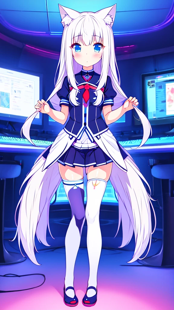 1 beautiful girl, great image quality ,nekomimi, with lots of detail, ray tracing, in a gaming,outfit anime, long stockings, blue eyes, white hair, , in a neon room, PC gaming, perfect anatomy, full body. Show panties