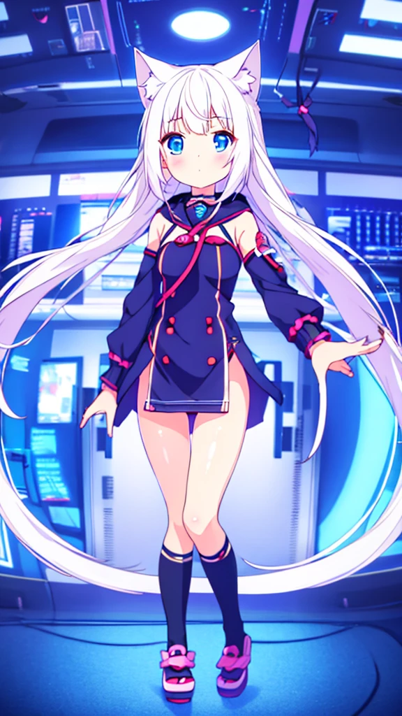 1 beautiful girl, great image quality ,nekomimi, with lots of detail, ray tracing, in a gaming,outfit anime, long stockings, blue eyes, white hair, , in a neon room, PC gaming, perfect anatomy, full body. Show panties 