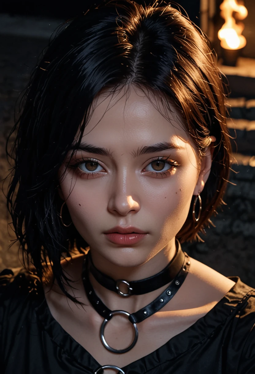 Image of female figure crawling up close, with a macabre smile and chapped lips, on a dark, menacing background. The figure, split in half and with torn clothes