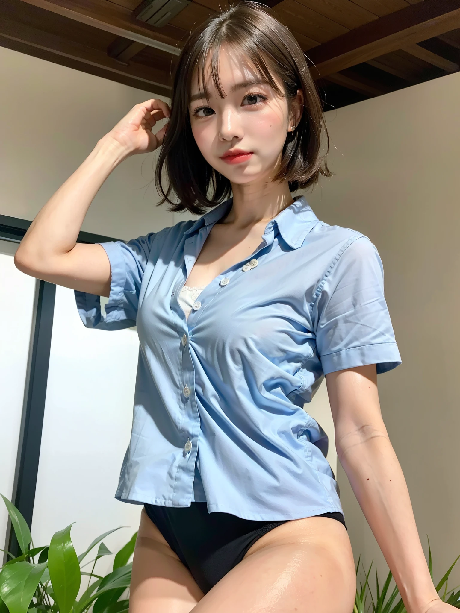 ((Best of the highest quality, 8k, Masterpiece, raw photo: 1.2)), (Sharp focus: 1.2), (1 AESPA, slim body type female, 21 y/o: 1.1), (Solo: 1.28), (realistic, photo-realistic:1.37), face focus, cute face, finely eyes, (droopy eyes: 1.32), (Emphasize prominent aegyo-sal with bright: 1.2), shimmering eyeshadow applied under the lower lash line, paired with thick, (small breasts, flat chest, Thigh: 1.3), (short messy hair: 1.28), (wearing button down business shirt, panties: 1.32), walking rice field, paddy field, flower, (from below: 1.12)