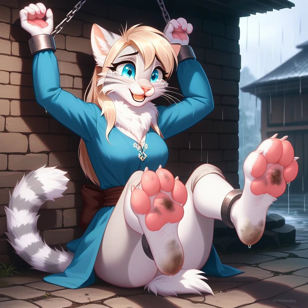 (hi res), ((masterpiece)) , ((best quality)),Solo, score_9,score_8_up,score_7_up, source_furry, Kat, Anthro furry feline girl, tall body, hourglass figure, adult female, blue eyes, silver fur, blonde hair with pony tail, (striped tail), white whiskers, pink nose, wearing simple blue long sleeve tunic, light brown fitted pants, barefoot, (feet paws), (4 toes), pink paw pads, foot focus, Her face was covered with tears,Have tears in her eyes,looking at viewers, looking uncomfortable, eyes half closed, outdoors, rainy day, spread feet apart, cute dainty feet,(The two feet paws are connected with chains between them),(there are many chains),The chains fastened her hands and feet paws ,(feet chains focus),She's chained to a wall., she is chained on neck and feet,(very dirty feet),(Fetters were placed on her feet),(Fetters and feet focused),(show the fetters),Hands chained to the wall,feet chained to the wall,She looks happy,She waved hands at viewers,