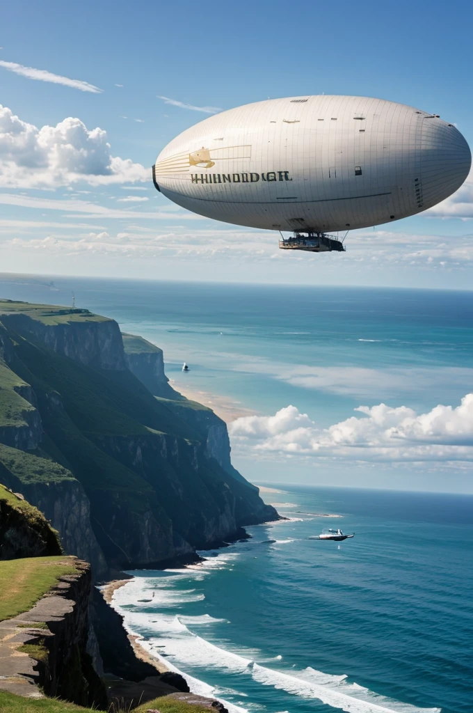 Hindenburg airship flying 300 metres above a picturesque coastline. The massive dirigible should be prominent in the sky, casting shadow over the cliff and ocean