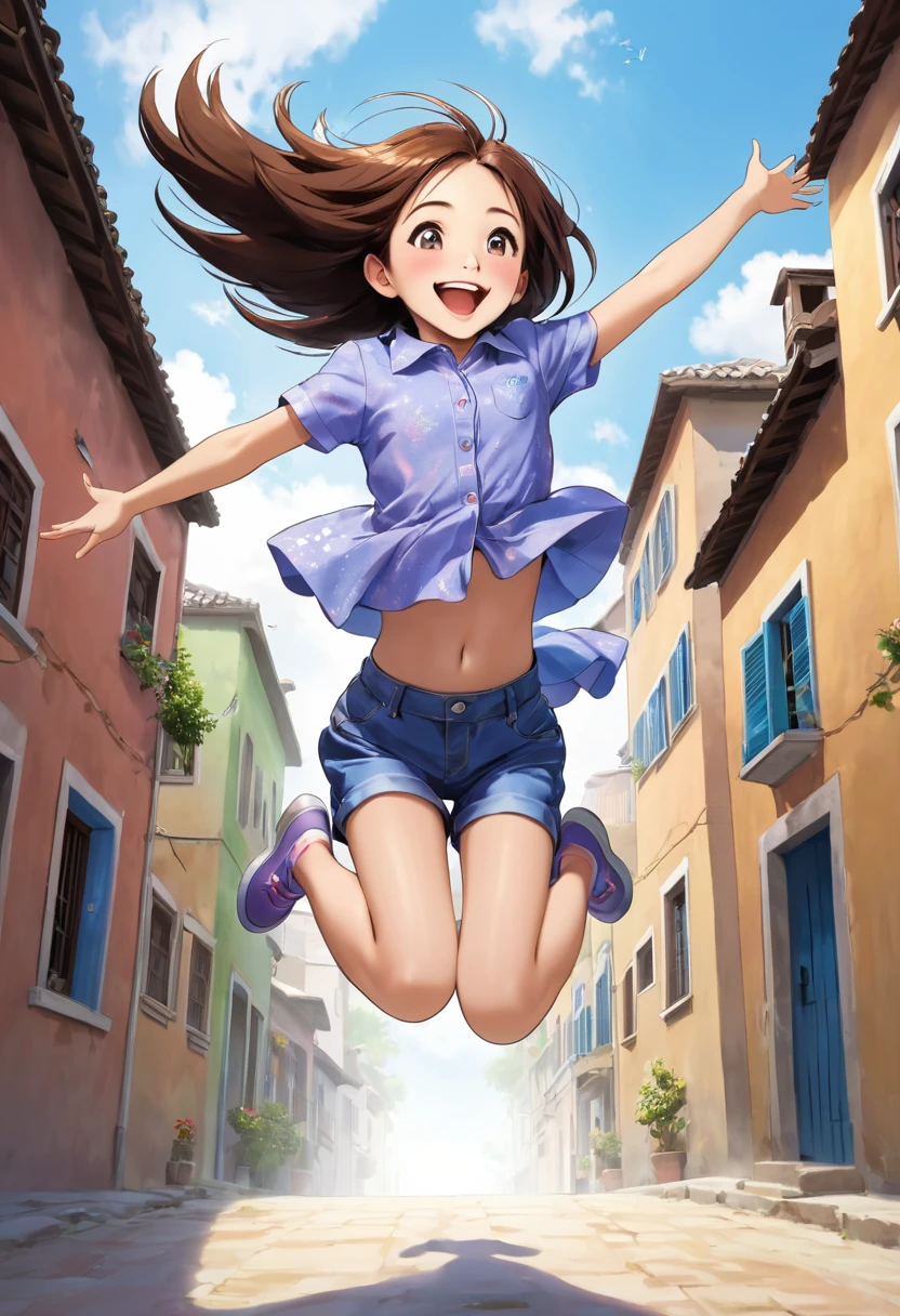 The girl jumps for joy