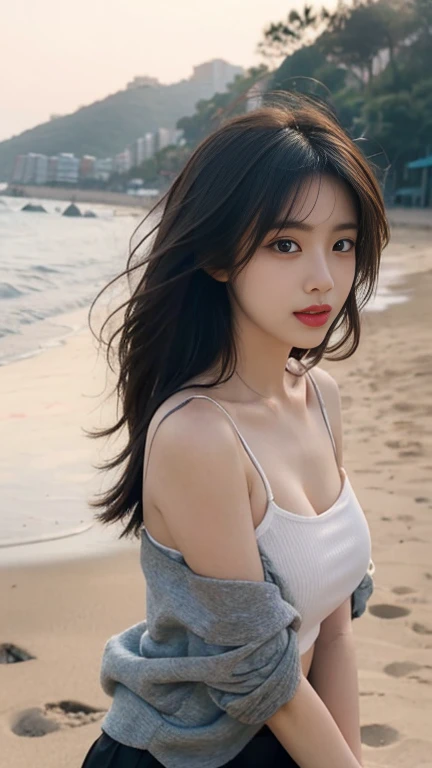 1 Girl,Beach,Soft Light,Chinese Beauty,Tube Top,Short skirt,Dark-haired,long hair