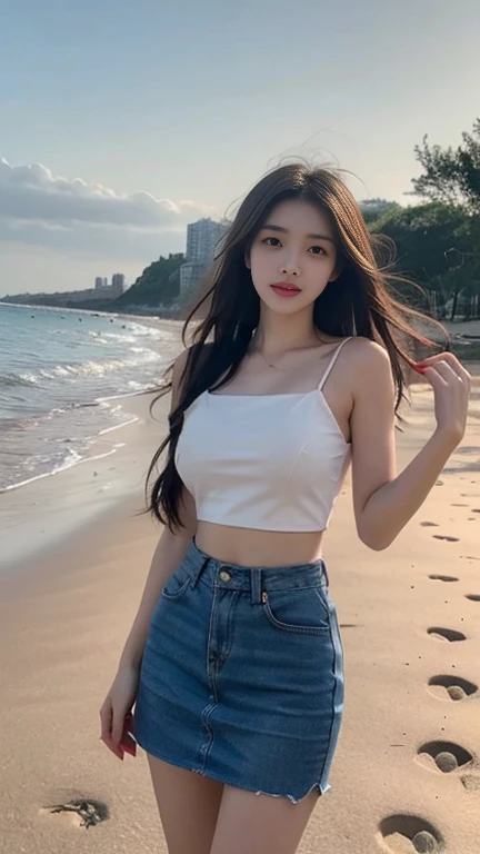1 Girl,Beach,Soft Light,Chinese Beauty,Tube Top,Short skirt,Dark-haired,long hair