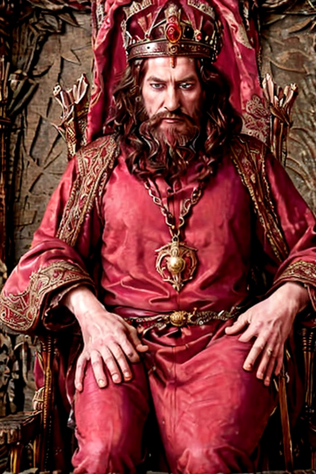 A regal figure sits on an ornate throne, wearing a crown and a fur-trimmed red robe. He has an intense expression, with his right hand resting on a sword and his left hand adorned with a ring. The attire is detailed with metallic armor and a large, elaborate medallion hangs around his neck. The background is dark, emphasizing the richness of his clothing and the ornate details of the throne. a painting of a man sitting on a throne with a crown on his head and, portrait of medieval old king, portrait of a medieval old king, medieval old king, king Richard the lionheart, great king of Stovokor, fantasy portrait art, epic fantasy art portrait, portrait of a king, medieval portrait, epic rpg portrait, fantasy art portrait, epic character portrait, fantasy concept art portrait, fantasy male portrait, highly detailed 8k painting, renaissance digital painting, royal portrait painting, epic portrait, medieval poster, epic game portrait. crafted image of a man in a red robe and a crown, the great king of Stovokor, medieval old king, portrait of a medieval old king, portrait of a medieval old king, portrait of a king, Martin ansin artwork portrait, Tuomas Korpi and wallop, portrait of the emperor of mankind, epic fantasy art portrait, by Roman Bezpalkiv.