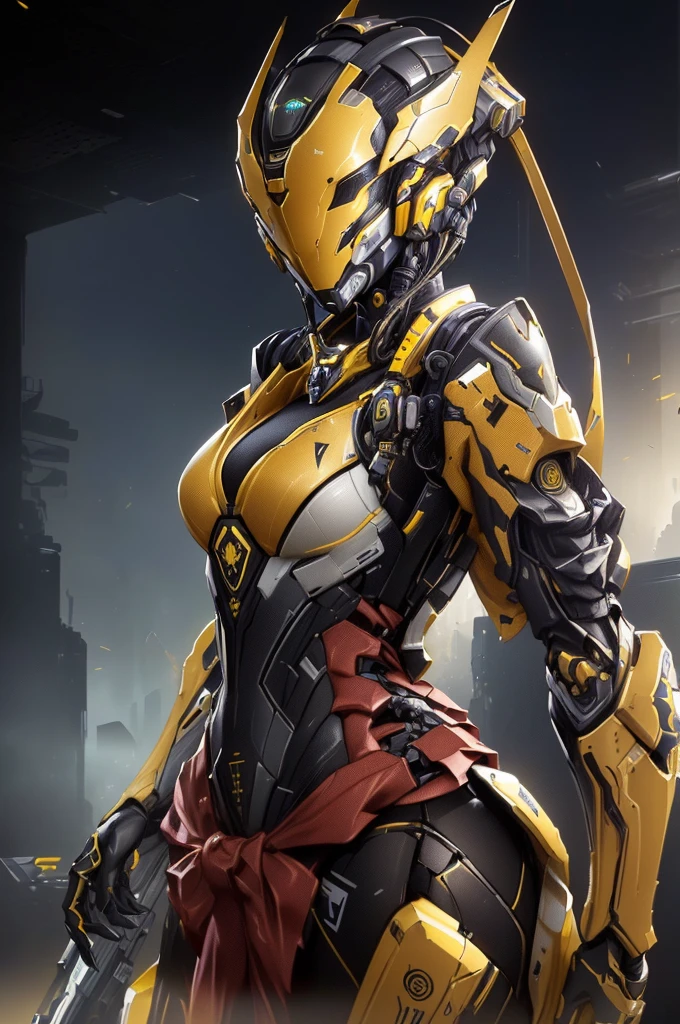 a close up of a person in a yellow and black suit, inspired by Marek Okon, warframe art, ultra detailed game art, warframe destiny art, high quality warframe fanart, high quality digital concept art, of a beautiful female warframe, cg artist, girl in mecha cyber armor, warframe concept art, exquisite warframe fanart