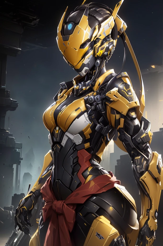 (Best Quality, 4K, 8K, High Definition, Masterpiece:1.2), (Ultra Detailed, Realistic, Photorealistic:1.37),A terrifying female combat android combined with a human female and a hornet, featuring yellow and black color scheme, enormous compound eyes, and futuristic technology. (NDFW:1.3)