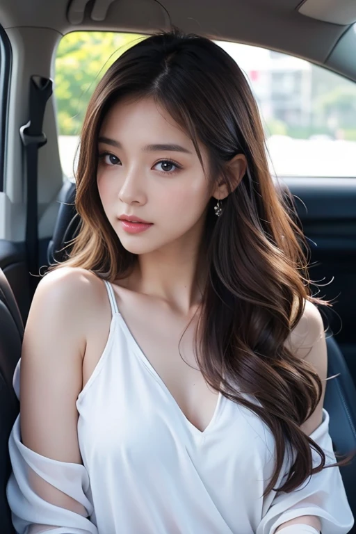 highest quality、4K、Beautiful lady、Perfect Face、Perfect Style、model、perfect body、Sunburn、beautiful lady、mature、long curly layer brown hair、Swept-back hair、full body, sexy 、charming、healthy、drive、in the car