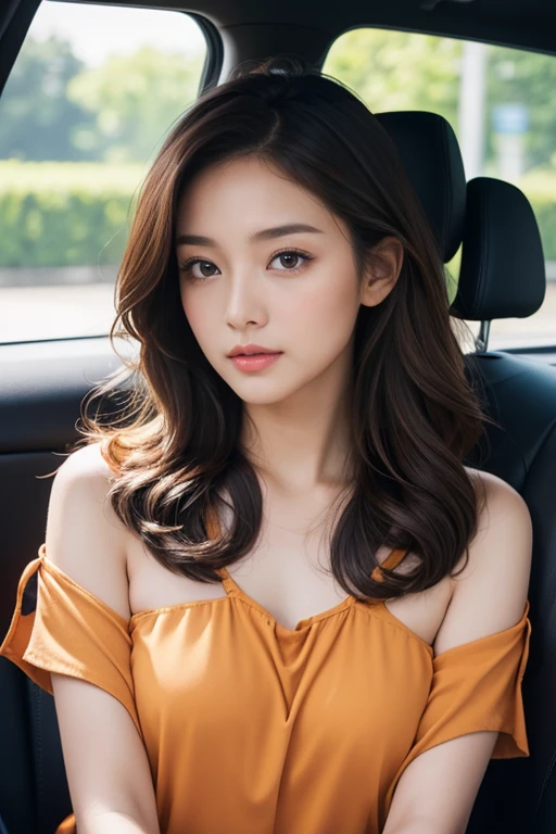 highest quality、4K、Beautiful lady、Perfect Face、Perfect Style、model、perfect body、Sunburn、beautiful lady、mature、long curly layer brown hair、Swept-back hair、full body, sexy 、charming、healthy、drive、in the car