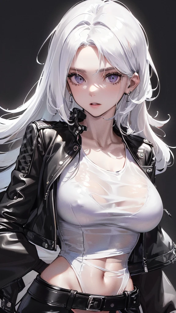 Photograph of the upper body of a beautiful woman, , [see through](Black leather jacket:1.47),(white t-shirt:1.47), natural , big brll waist, perfect body curves), earring, Sharp focus, (tall body, mature woman), ((g ahead)), (Highly detailed skin, hair follicles:1.4) (long white hair),(purple eyes)