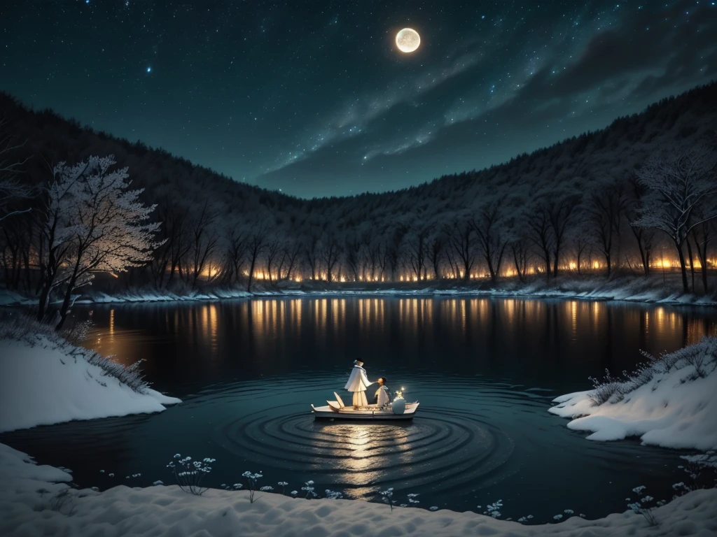 This is a night lake picture，A moon rises from the lake，Light blue sky with twinkling stars，White male bear walking by the lake，Close shot，dream，romantic，night，soft，8K，Hayao Miyazaki，Art