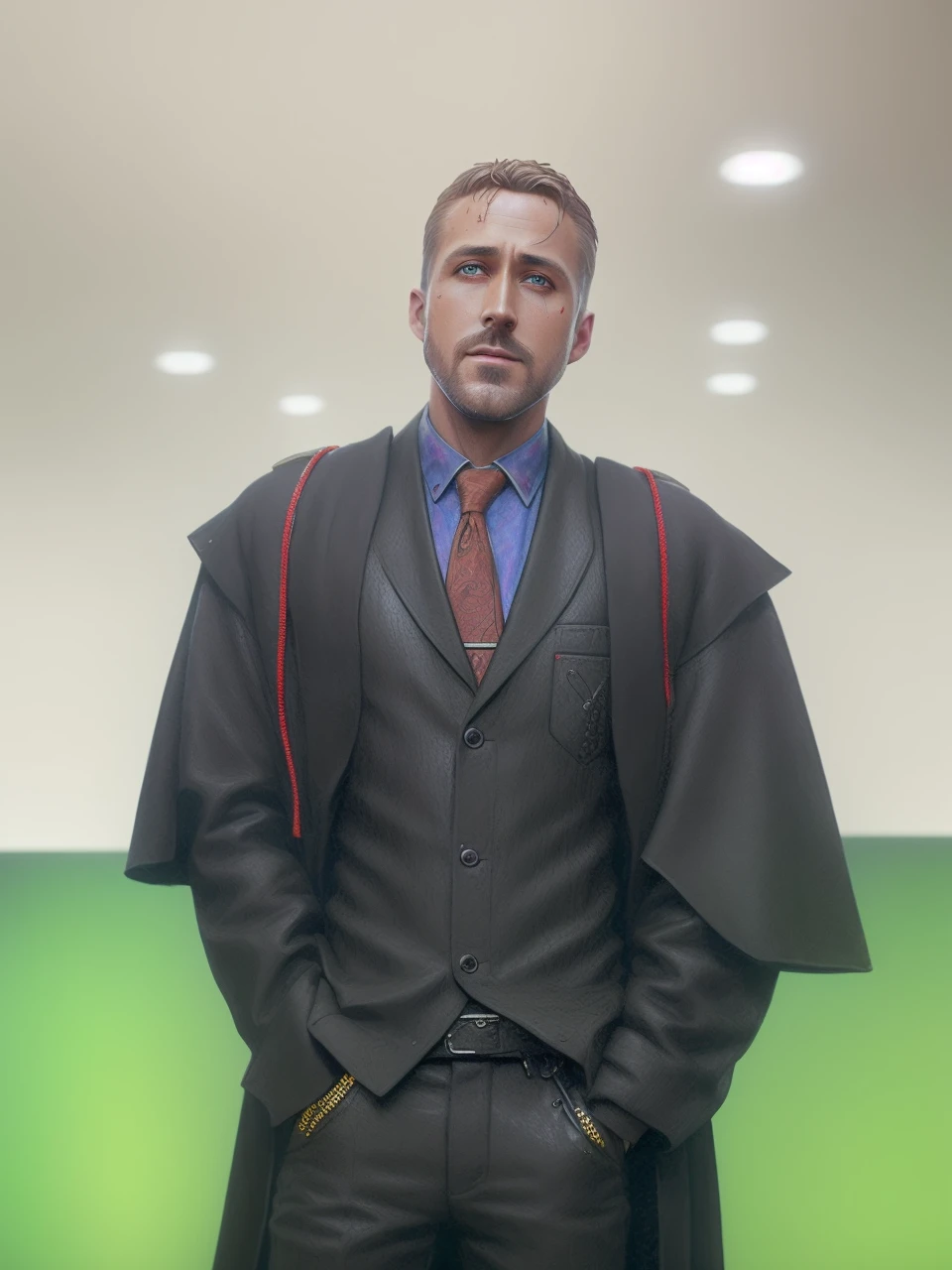 40yo Ryan Gosling from Blade Runner 2049, digital glitch, (poster:1.6), poster on wall, movie poster, portrait, ((Tilt-shift))
wearing old brown sheepskin coat whit dirty wool colar,
(japanese rock garden and pond:1.2), koi carp, (((bonsai))), ((high-tech interior style and futurism)), (((highly detailed face))),
((ultradetaled face and skin texture)), intricately detailed, fine details, hyperdetailed, raytracing, subsurface scattering, diffused soft lighting, shallow depth of field, by Oliver Wetter,