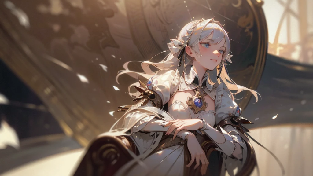 Florence Nightingale, (Ballet Costumes), Sit on a chair, Smiling for the camera, White formal shirt, Loose collar button, Swollen nipples, Long, loose hair, (Delicate illustrations: 1.4), (Renaissance art: 1.4), (Ultra-high resolution: 1.2), (Photorealism: 1.4), (8K, RAW Photos: 1.2), (Soft Focus: 1.4), ( 18-year-old: 1.3), (Sharp focus: 1.4), Beautiful face with attention to detail, Pure rose face_v1