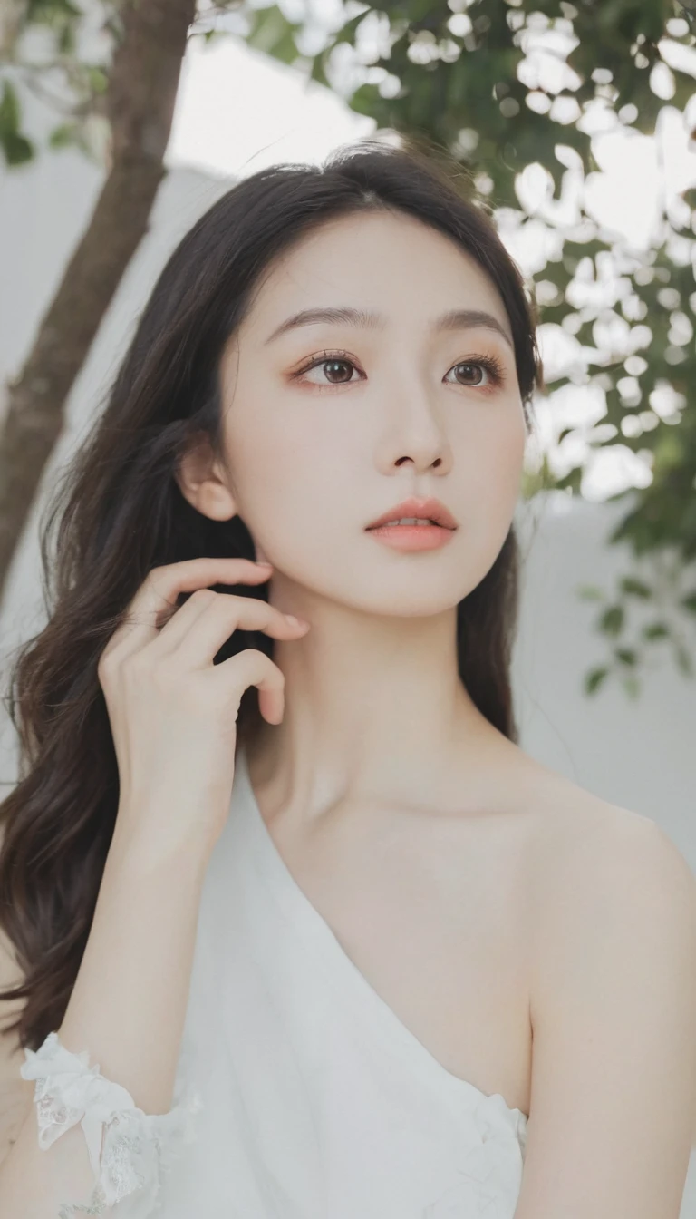xxmixgirl, Analog Style, Eye focus, Highest quality, (Very detailed skin), Exquisitely beautiful white skin photos, 21 years old, Perfect Face, Captivating eyes, (Seductive makeup: 1.3), Skin pores, (Bokeh:1.5), Sharp focus, Dappled Lighting, (Backlight), Film Grain, (Very detailed, Exquisitely crafted), 8K, High resolution, Front view, Studio Light, Very detailed顔, Fine grain, (double eyelid: 1.4), Aristogle, Brown eyes, (commercial: 1.6), (Natural Makeup), ((White studio background: 2))、Summery white fashion、