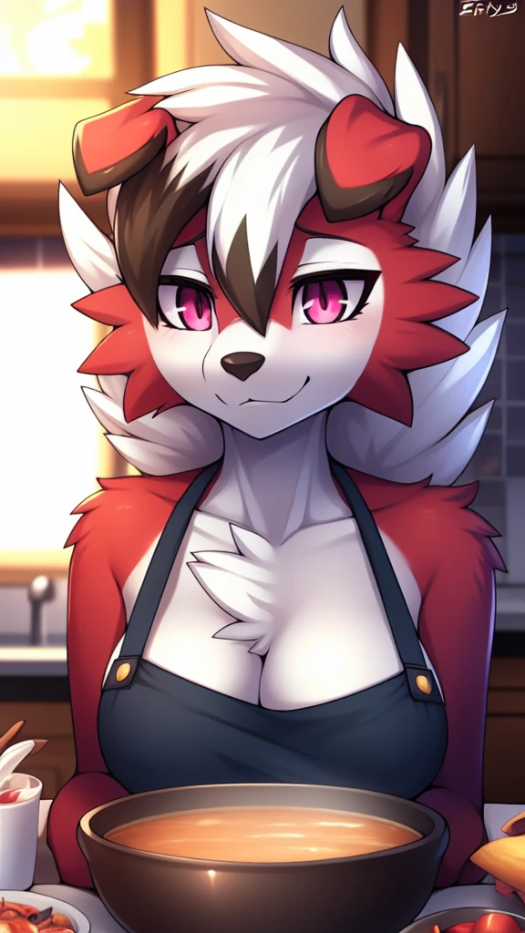 By zinfyu,by twistedscarlet60, uploaded on pixiv, by fluff-kevlar, (masterpiece), (best quality), (solo female:1.2), (extremely detailed:1.3),(detailed eye,black circle on eye,pink eye), lycanroc midnight, view on viewer, close view, shy face, half body on potrait, only body and head, close view, wearing kitchen apron,in kitchen, carying a bowl of soup, (tail:1.1), closeup photo of lycanroc