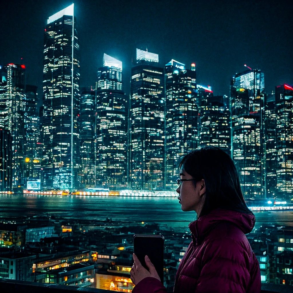 Reflecting themes of suspense and revenge、Design in a dark and mysterious illustration style。With the night view of the city in the background、Draw the main character in disguise。This protagonist is、A woman with a desire for revenge、He has sharp eyes and a calm expression.。Behind her、Lined with neon-lit skyscrapers、It exudes a city night atmosphere.。 The protagonist is stylishly dressed、It gives off the feeling of having a secret.。She had a smartphone in one hand、In the other hand, you can see a notebook with secret plans written on it.。Behind her、I could see the vague silhouettes of the two people she was aiming for.、showing that he is the target of her schemes.。 The background color is、To express the coldness of the city night、Deep blue or purple、And use neon pink and yellow colors.。The protagonist is placed in the center.、Create a design that captures the moment when she decides to put her plan into action.。 Provide visuals that epitomize a story of revenge and deception。This visual is、Make a deep impression on the listener、
。 High resolution, masterpiece, Highest quality, Intricate details, Very detailed, Clear focus, Delicate skin, practical skin texture, texture, Delicate eyes, Professional, 4K, Shot with Canon, 85mm, Shallow and deep, Kodak Vision Color, Exactly, Very detailed, photograph_\(Extremist\), photographpractical, practical, Post-processing, Maximum details, Roughness, Real Life, Extremist practical, Photorealism, photographgraphy, 8K Ultra HD, photographgraphy
