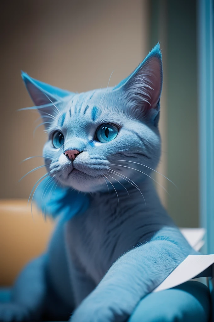 Photograph of a blue cat named in Gumball, drawning, face perfect