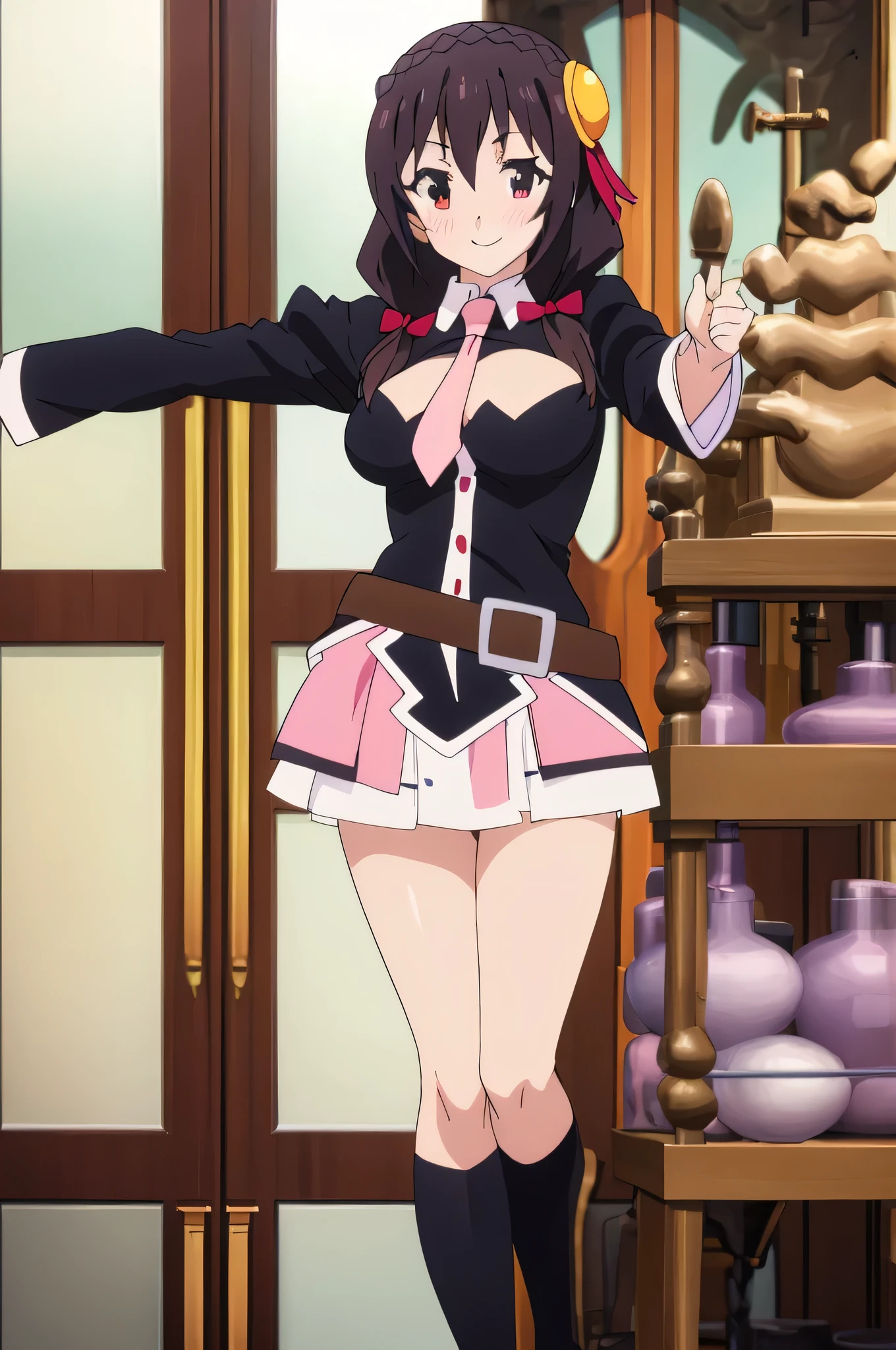 (masterpiece, Highest quality), One girl,    Yunyun,Long Hair,Braiding,Twin tails,Hair between the eyes,Red hair ribbon,hair ornaments,large round breasts,、Pink Skirt、Black Hair、Crown Blade,Black Shirt, Long sleeve,Pink tie, belt, Cleavage cutout、Above the knee、(blush)、(smile:1.2)