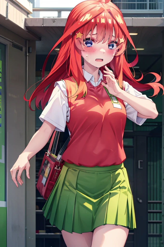 itsukinakano, itsuki nakano, bangs, blue eyes, Hair between the eyes, Ahoge, Redhead, star \(symbol\), hair ornaments, star hair ornaments,Tears stream down her face,Tears of joy,I cry a lot,blush,
 skirt, shirt , clavicle, white shirt, Short sleeve, Pleated skirt, socks, collared shirt, mini skirt, Knee-high, white socks, (Green Skirt:1.5), (red sweater vest:1.5),Black Loafers,Sunset,evening,The sun is setting,whole bodyがイラストに入るように,
break outdoors, Back of the school building,
break looking at viewer, whole body,
break (masterpiece:1.2), Highest quality, High resolution, unity 8k wallpaper, (figure:0.8), (Beautiful attention to detail:1.6), Highly detailed face, Perfect lighting, Highly detailed CG, (Perfect hands, Perfect ???????),