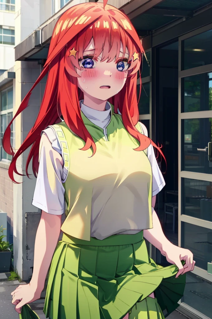 itsukinakano, itsuki nakano, bangs, blue eyes, Hair between the eyes, Ahoge, Redhead, star \(symbol\), hair ornaments, star hair ornaments,Tears stream down her face,Tears of joy,I cry a lot,blush,
 skirt, shirt , clavicle, white shirt, Short sleeve, Pleated skirt, socks, collared shirt, mini skirt, Knee-high, white socks, (Green Skirt:1.5), (red sweater vest:1.5),Black Loafers,Sunset,evening,The sun is setting,whole bodyがイラストに入るように,
break outdoors, Back of the school building,
break looking at viewer, whole body,
break (masterpiece:1.2), Highest quality, High resolution, unity 8k wallpaper, (figure:0.8), (Beautiful attention to detail:1.6), Highly detailed face, Perfect lighting, Highly detailed CG, (Perfect hands, Perfect Anatomy),