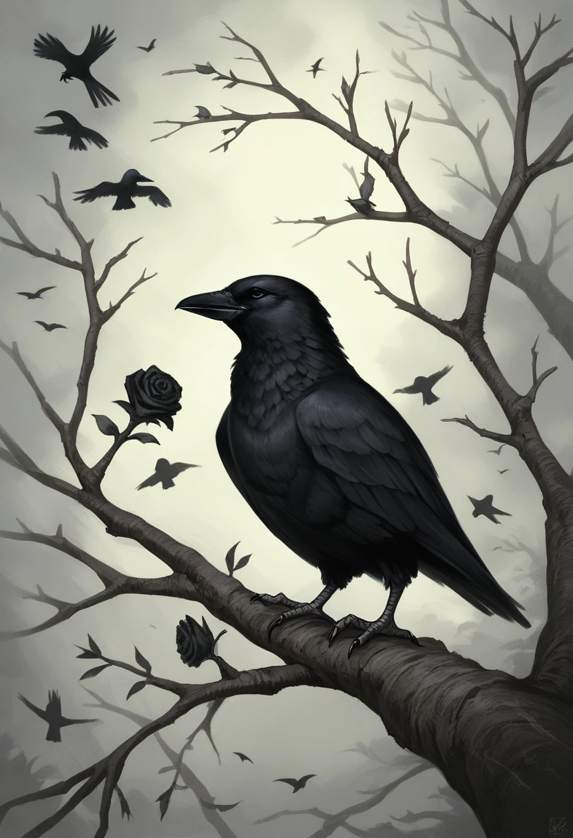 Painting of a black bird sitting on a branch in the garden, crows beautiful, crows as a symbol of death, detailed crow , plunder, dark crow, plunder bird, crows, portrait of plunder, 8k high quality detailed art, crow, Detailed 4k, black crows, Black and white roses
